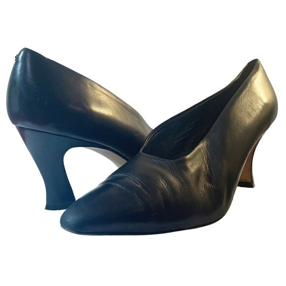 Via Spiga Heels Vintage Black Leather Elongated Square Toe Pump Womens Size 11AA - Picture 1 of 16